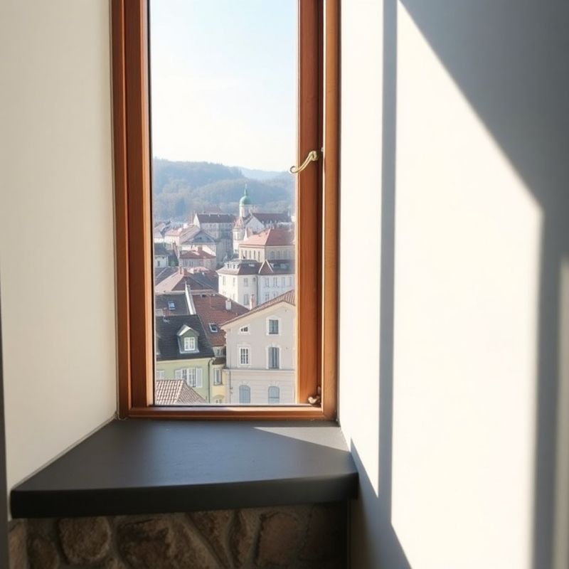 Pogled skozi visoko okno na ljubljanske strehe v jutranji svetlobi